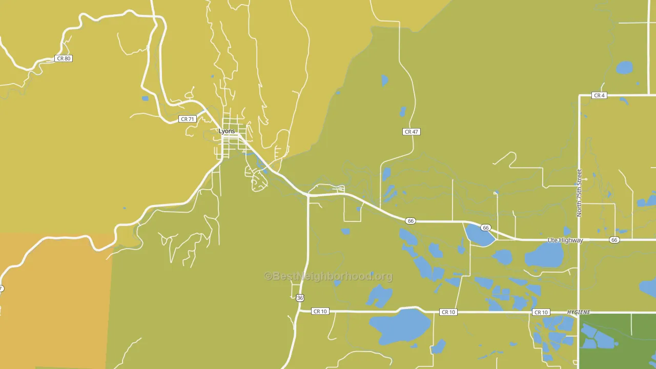 Map of the best neighborhoods in the Hygiene area, with better matches in green and worse matches in red
