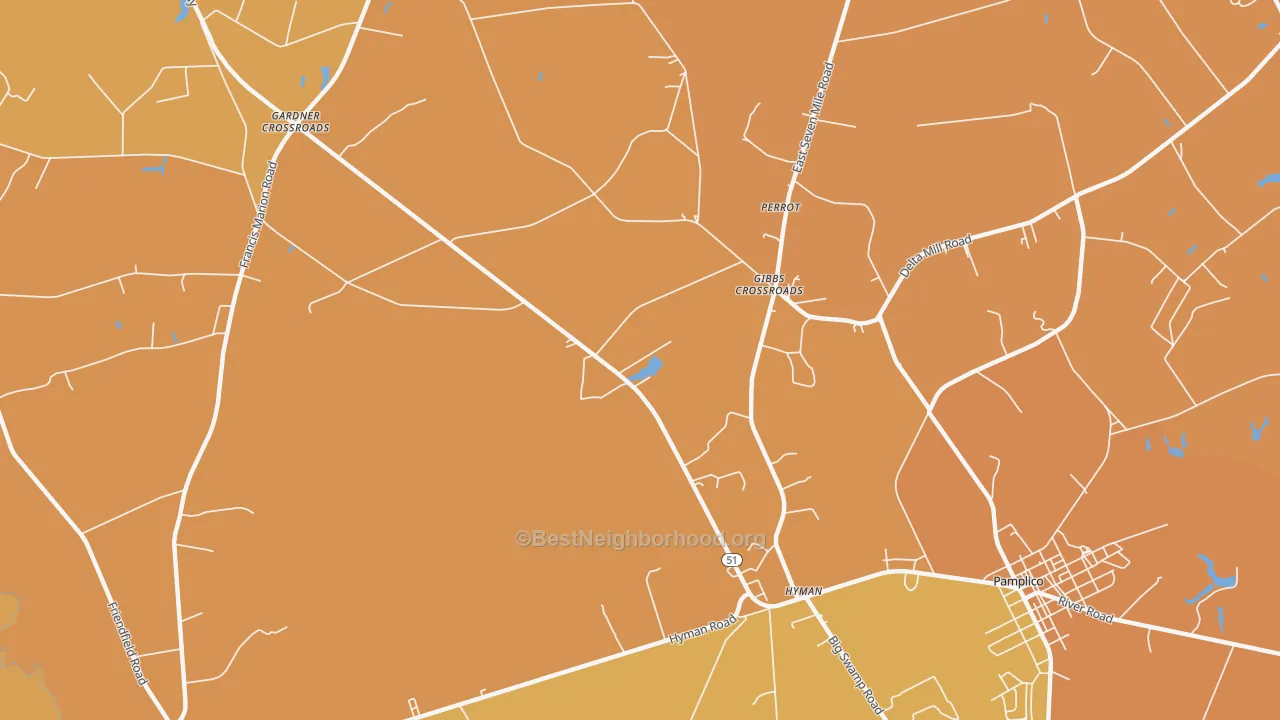 Map of the best neighborhoods in the Hyman area, with better matches in green and worse matches in red