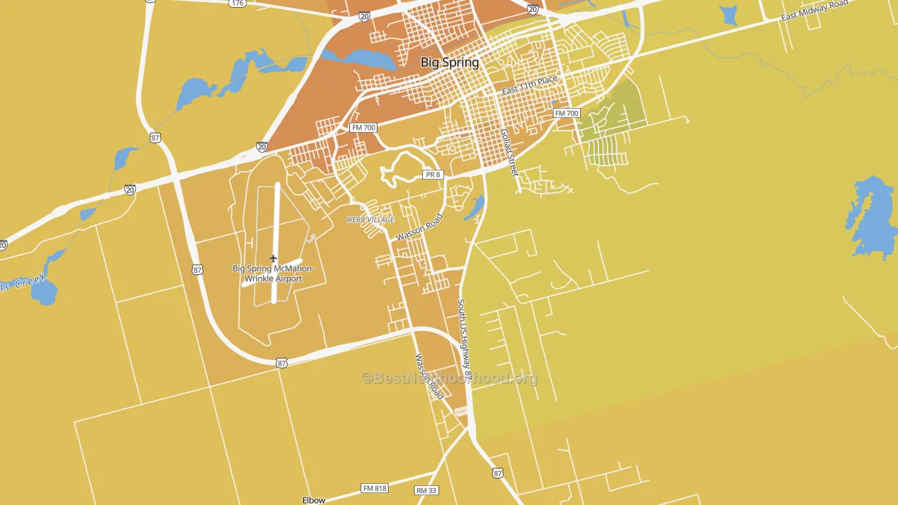 Map of the best neighborhoods in the Hyman area, with better matches in green and worse matches in red