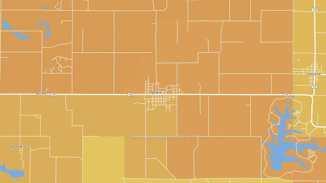 Map of the best neighborhoods in the Hymera area, with better matches in green and worse matches in red