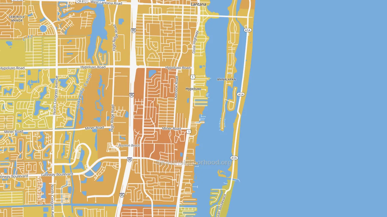 Map of the best neighborhoods in the Hypoluxo area, with better matches in green and worse matches in red