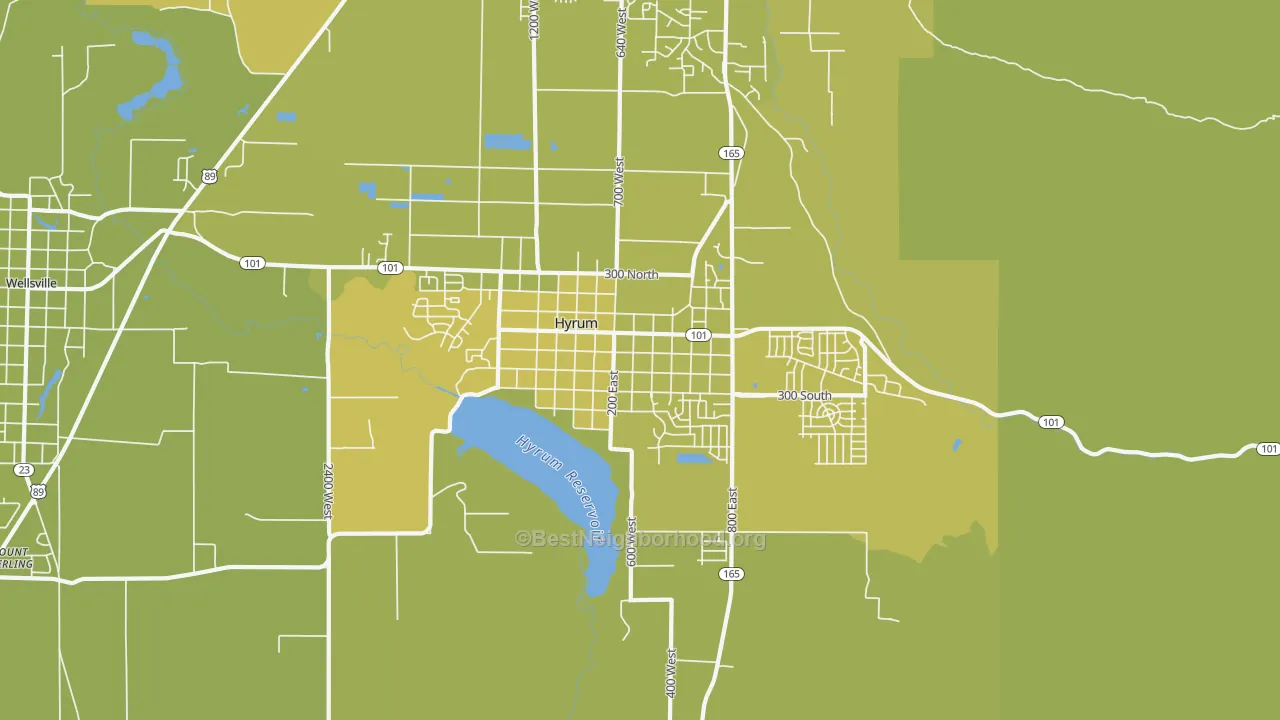 Map of the best neighborhoods in the Hyrum area, with better matches in green and worse matches in red