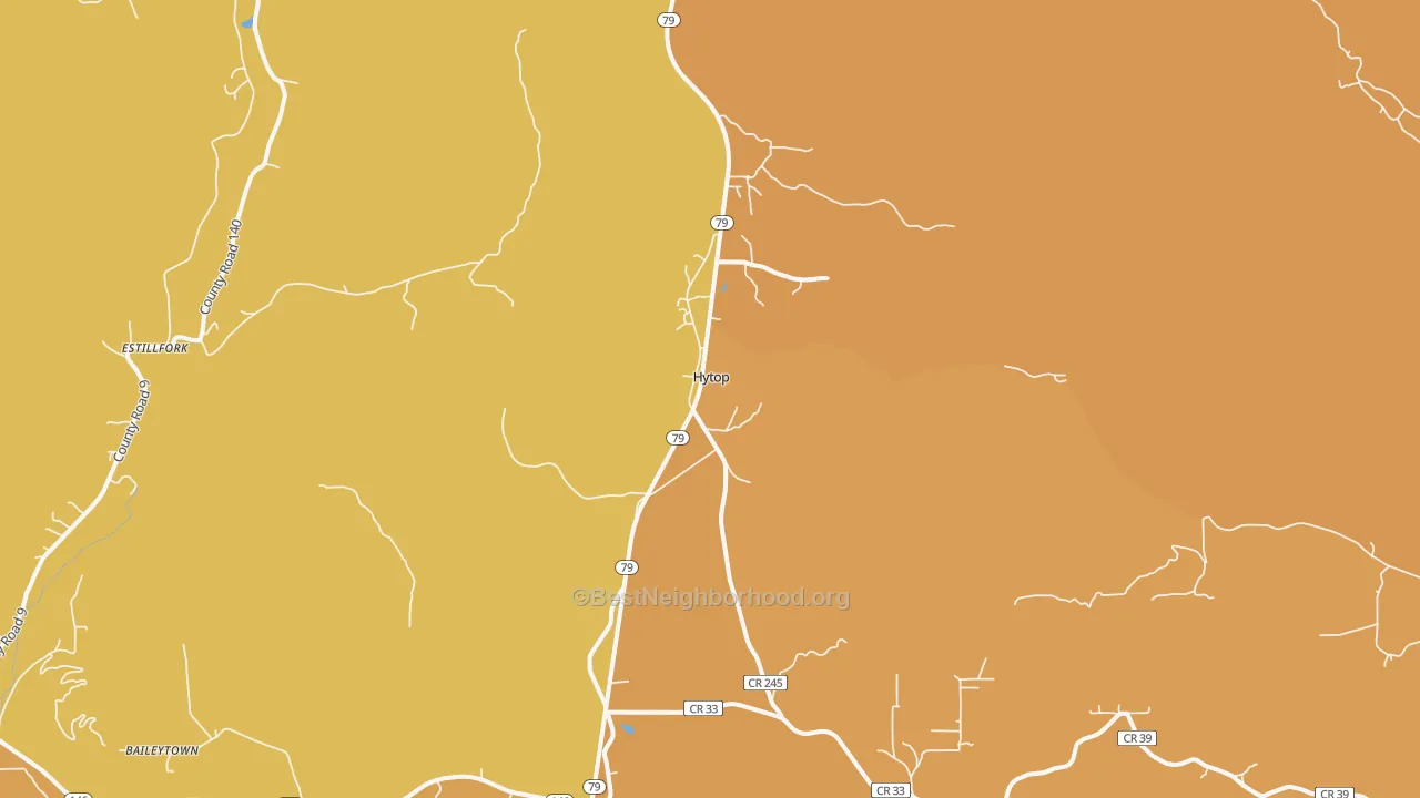 Map of the best neighborhoods in the Hytop area, with better matches in green and worse matches in red