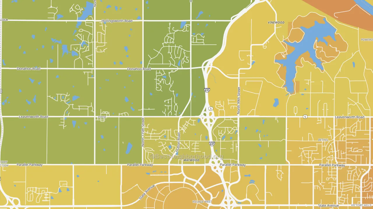 Map of the best neighborhoods in the I-435 West KC-KS, Kansas City area, with better matches in green and worse matches in red