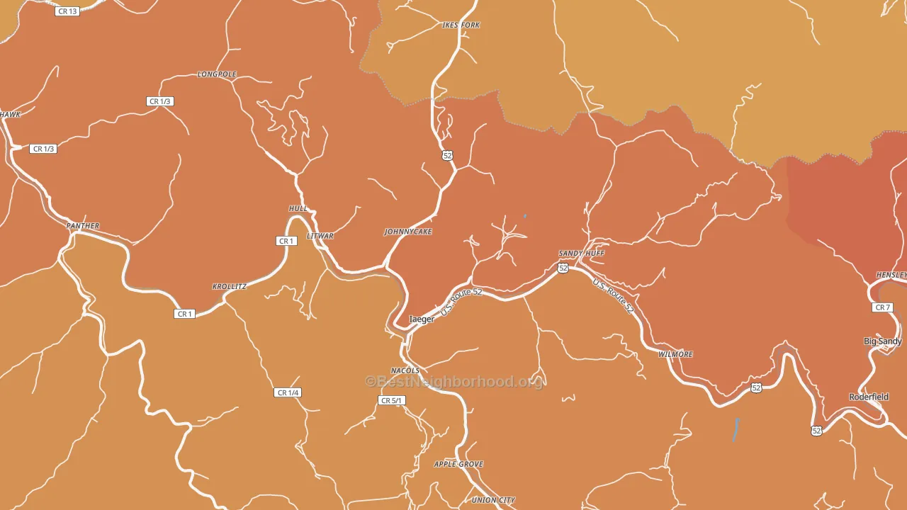 Map of the best neighborhoods in the Iaeger area, with better matches in green and worse matches in red