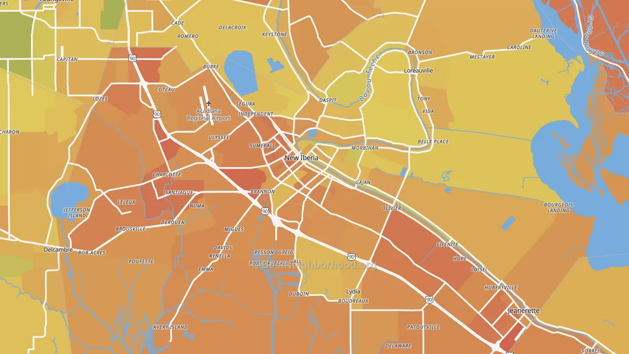 Map of the best neighborhoods in the Iberia Parish area, with better matches in green and worse matches in red