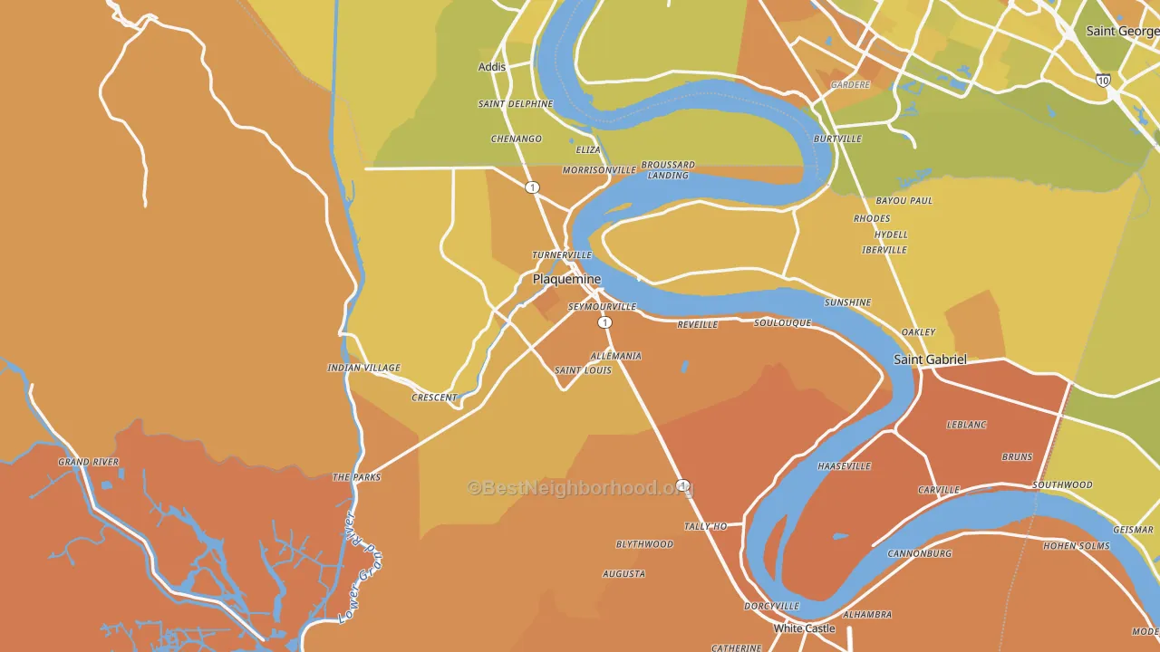 Map of the best neighborhoods in the Iberville Parish area, with better matches in green and worse matches in red