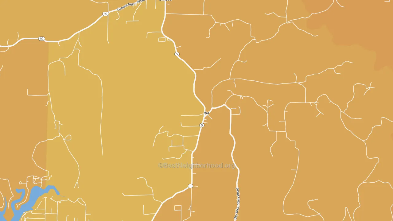 Map of the best neighborhoods in the Ida area, with better matches in green and worse matches in red