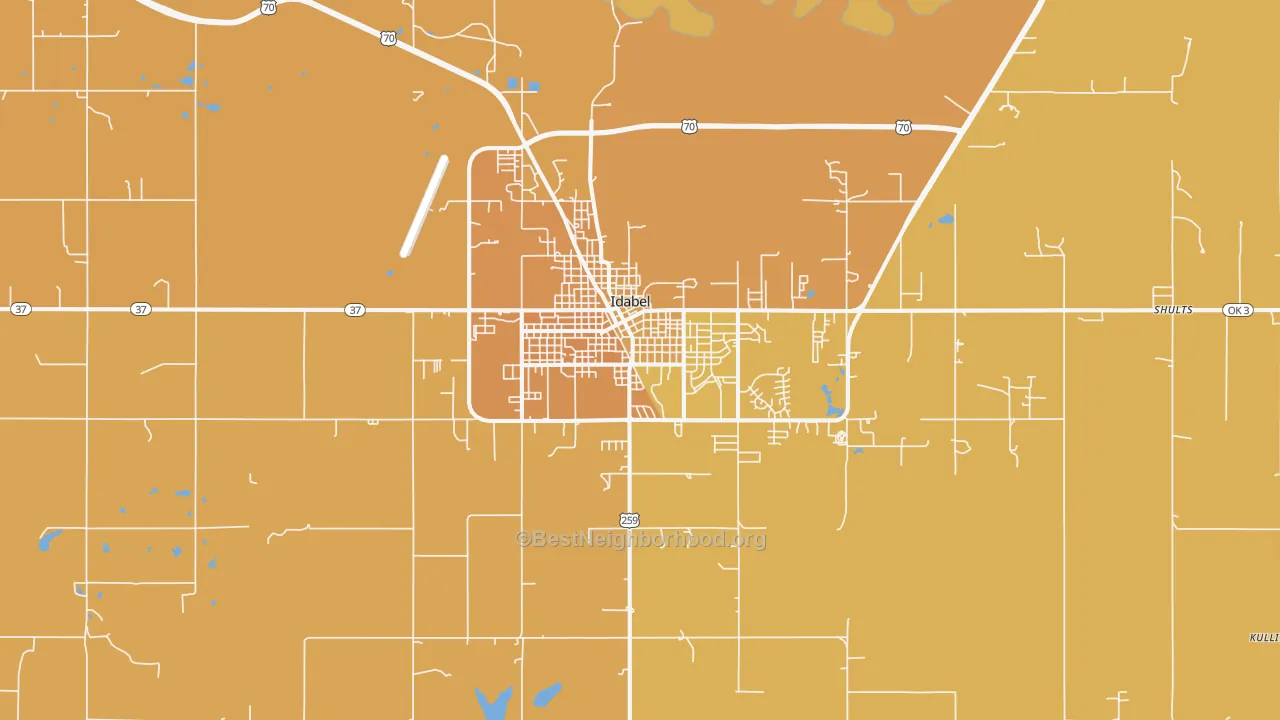 Map of the best neighborhoods in the Idabel area, with better matches in green and worse matches in red