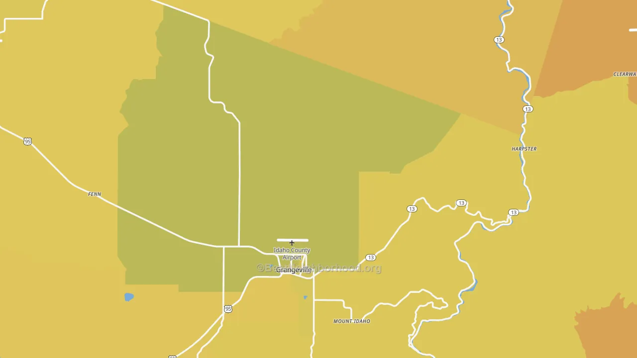 Map of the best neighborhoods in the Idaho County area, with better matches in green and worse matches in red