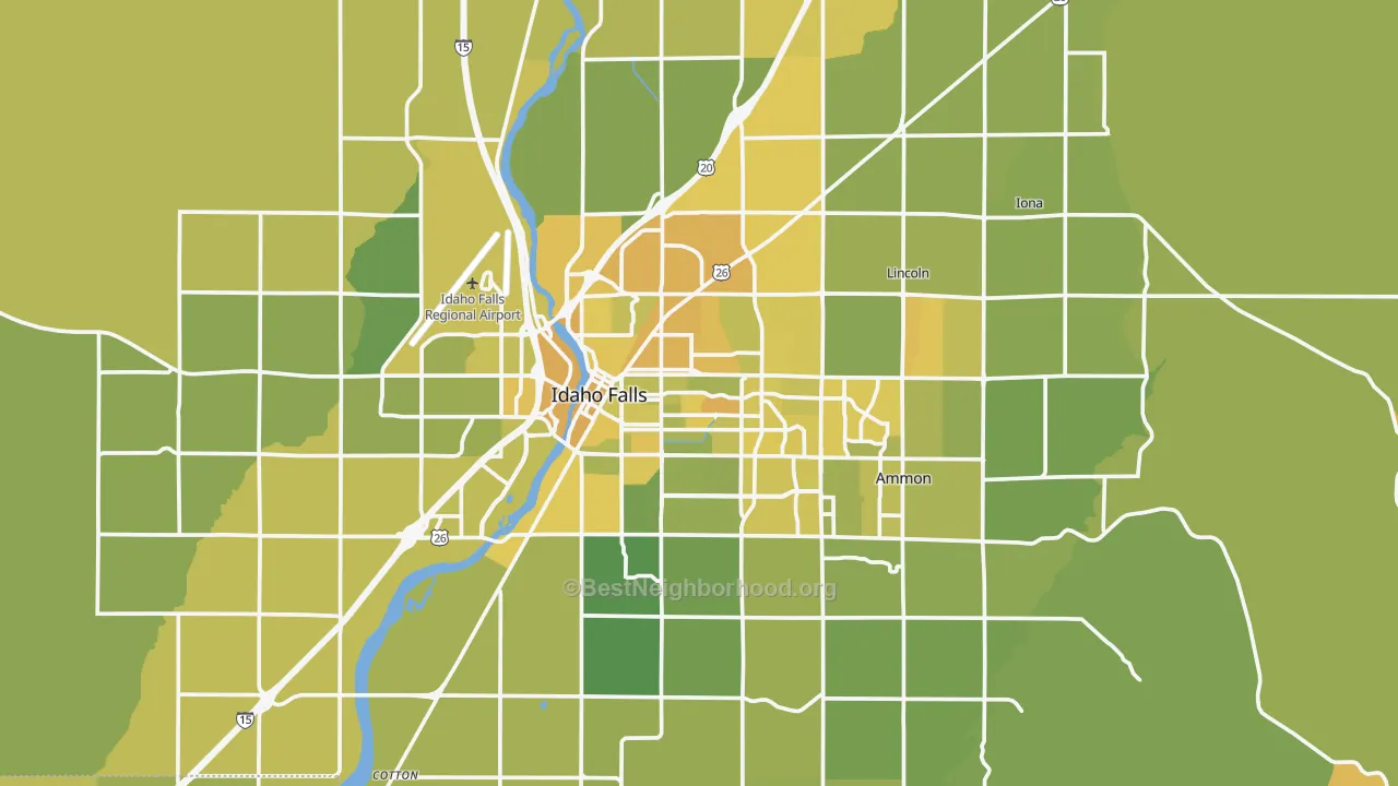 Map of the best neighborhoods in the Idaho Falls Metro area, with better matches in green and worse matches in red