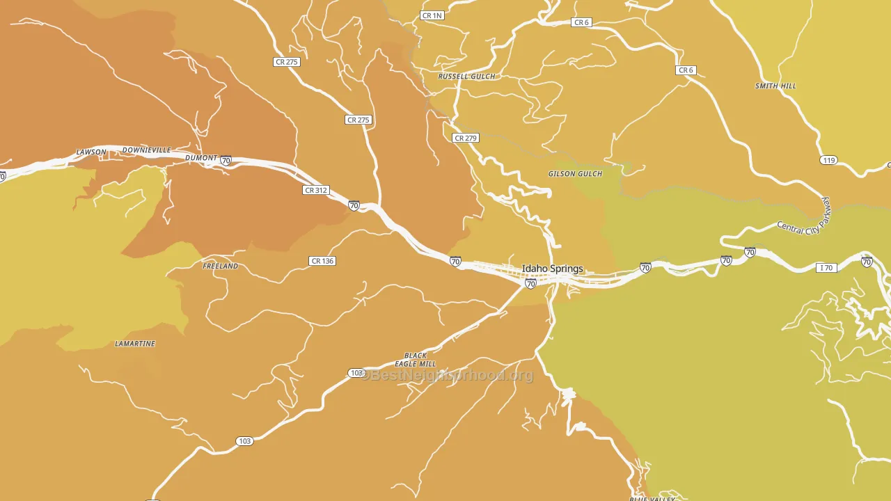 Map of the best neighborhoods in the Idaho Springs area, with better matches in green and worse matches in red