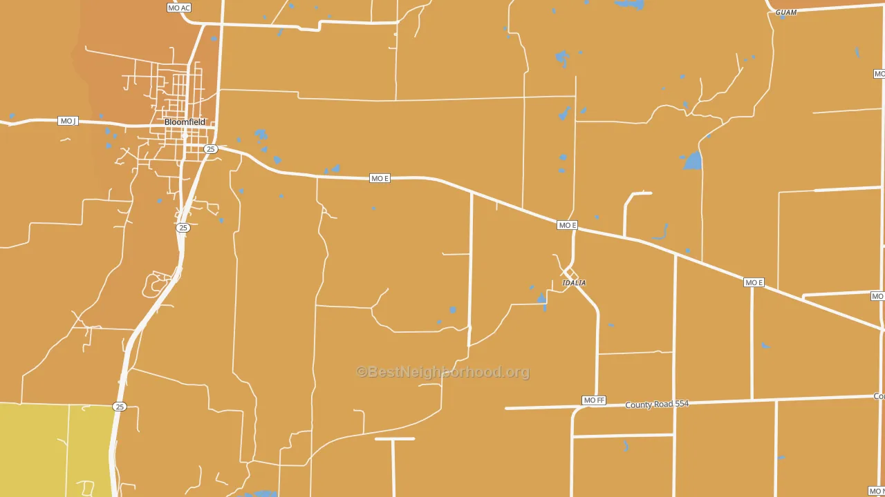 Map of the best neighborhoods in the Idalia area, with better matches in green and worse matches in red