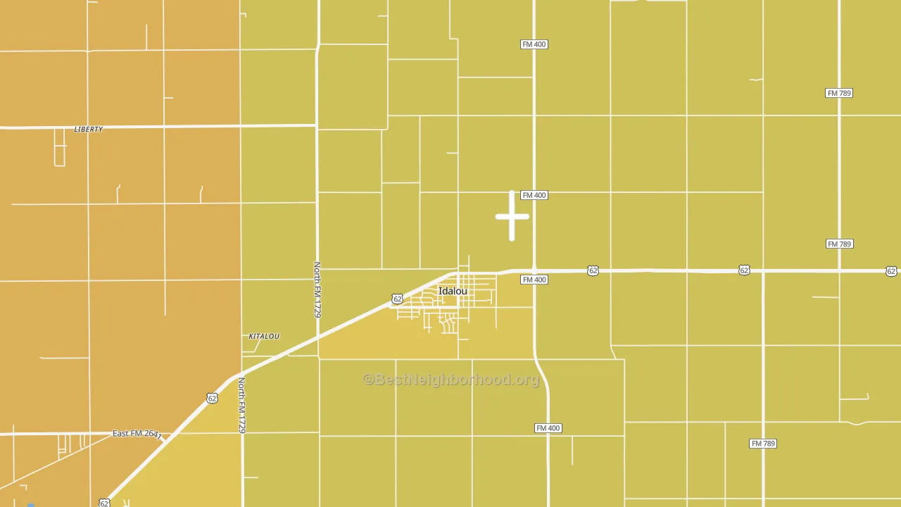 Map of the best neighborhoods in the Idalou area, with better matches in green and worse matches in red