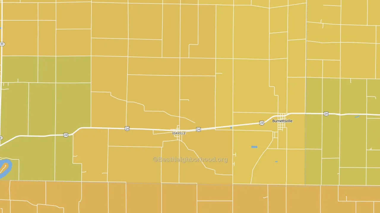 Map of the best neighborhoods in the Idaville area, with better matches in green and worse matches in red