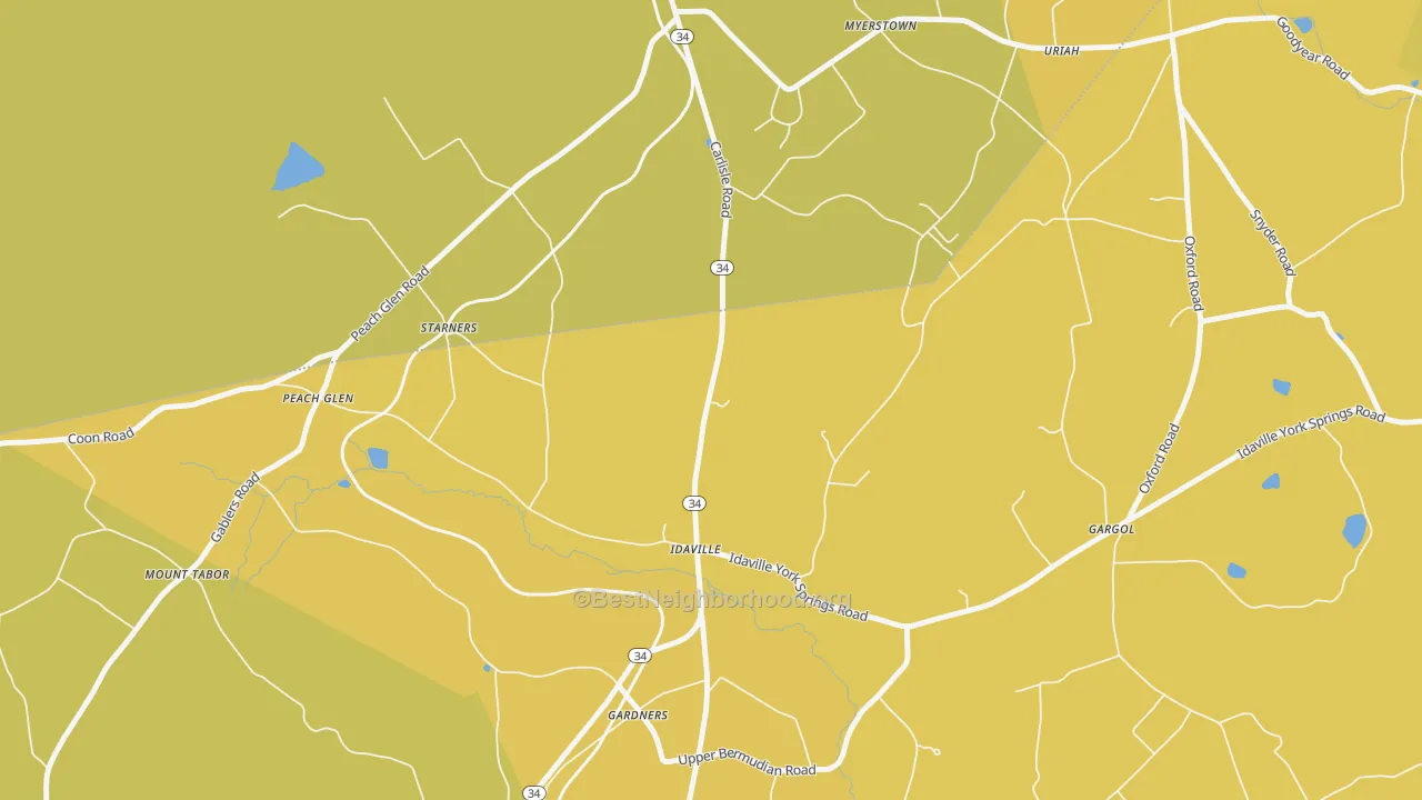 Map of the best neighborhoods in the Idaville area, with better matches in green and worse matches in red