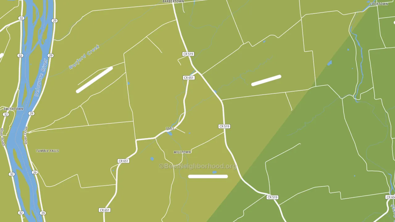 Map of the best neighborhoods in the Idell area, with better matches in green and worse matches in red