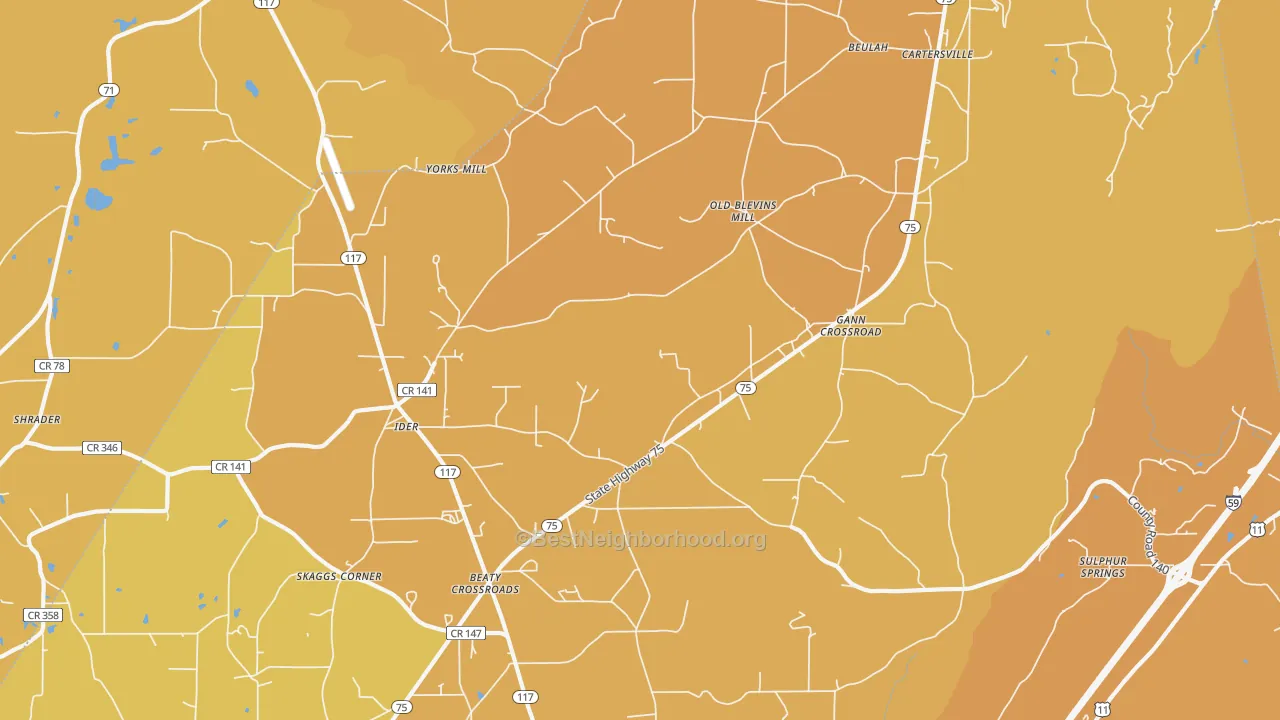 Map of the best neighborhoods in the Ider area, with better matches in green and worse matches in red