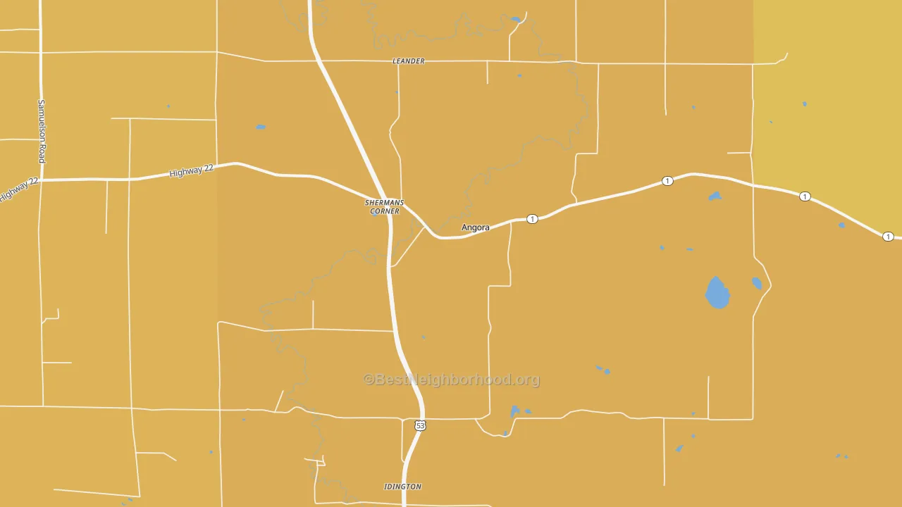 Map of the best neighborhoods in the Idington area, with better matches in green and worse matches in red