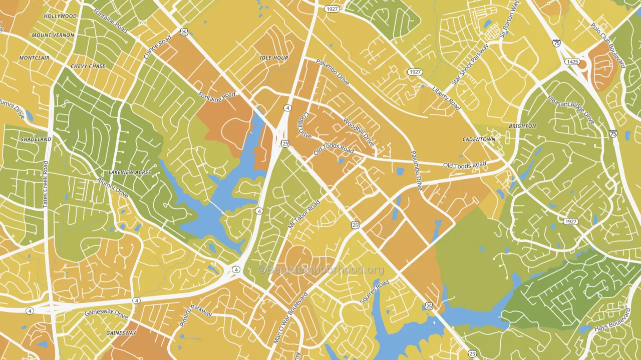 Map of the best neighborhoods in the Idle Hour, Lexington area, with better matches in green and worse matches in red