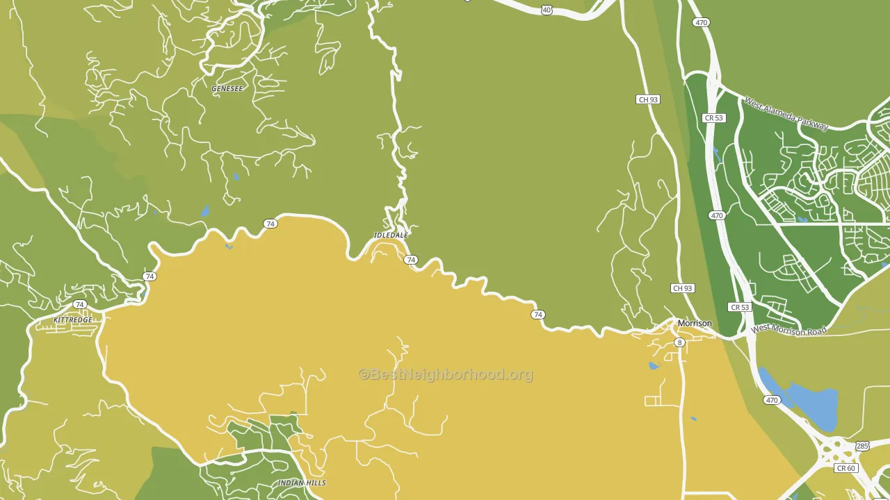 Map of the best neighborhoods in the Idledale area, with better matches in green and worse matches in red