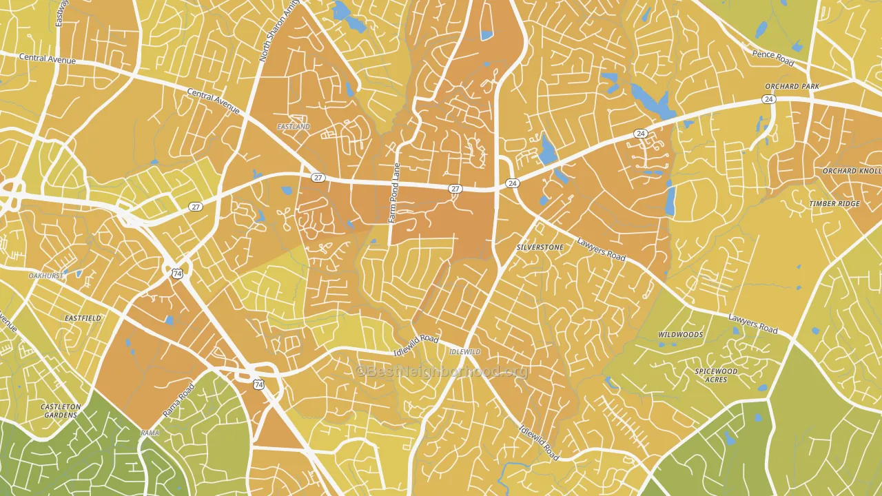 Map of the best neighborhoods in the Idlewild Farms, Charlotte area, with better matches in green and worse matches in red