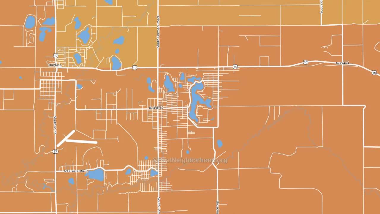 Map of the best neighborhoods in the Idlewild area, with better matches in green and worse matches in red