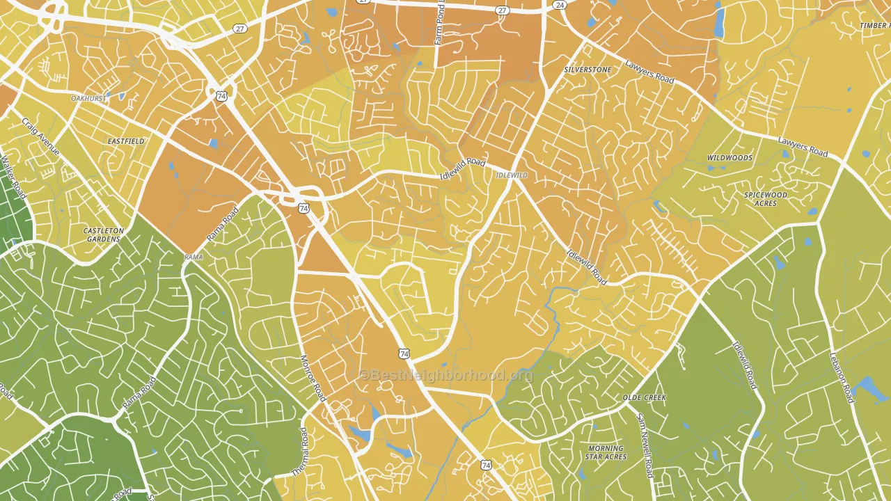 Map of the best neighborhoods in the Idlewild South, Charlotte area, with better matches in green and worse matches in red