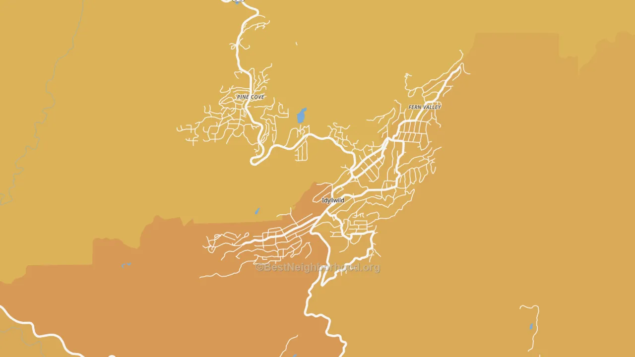 Map of the best neighborhoods in the Idyllwild-Pine Cove area, with better matches in green and worse matches in red