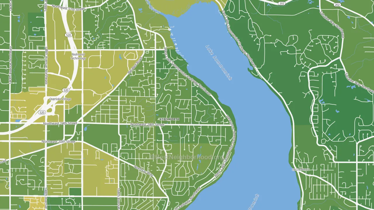 Map of the best neighborhoods in the Idylwood, Redmond area, with better matches in green and worse matches in red