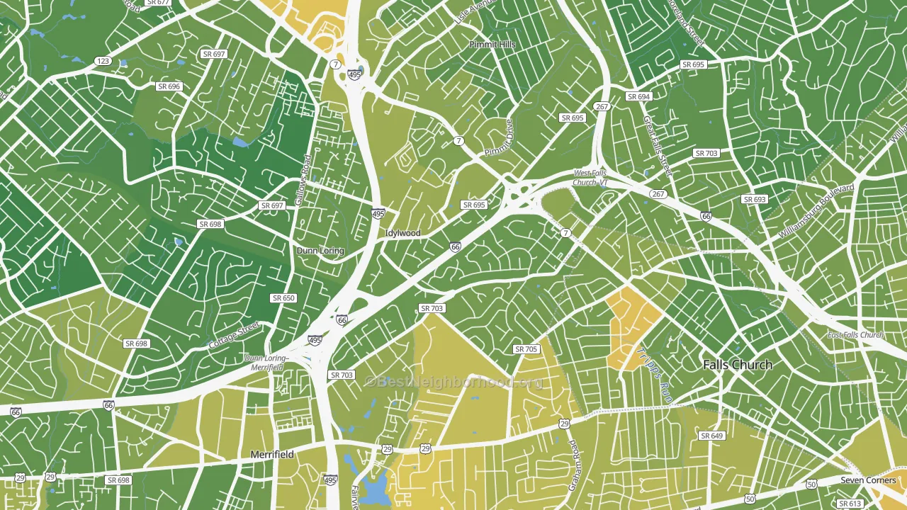 Map of the best neighborhoods in the Idylwood area, with better matches in green and worse matches in red