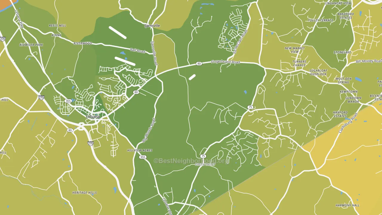 Map of the best neighborhoods in the Ijamsville area, with better matches in green and worse matches in red