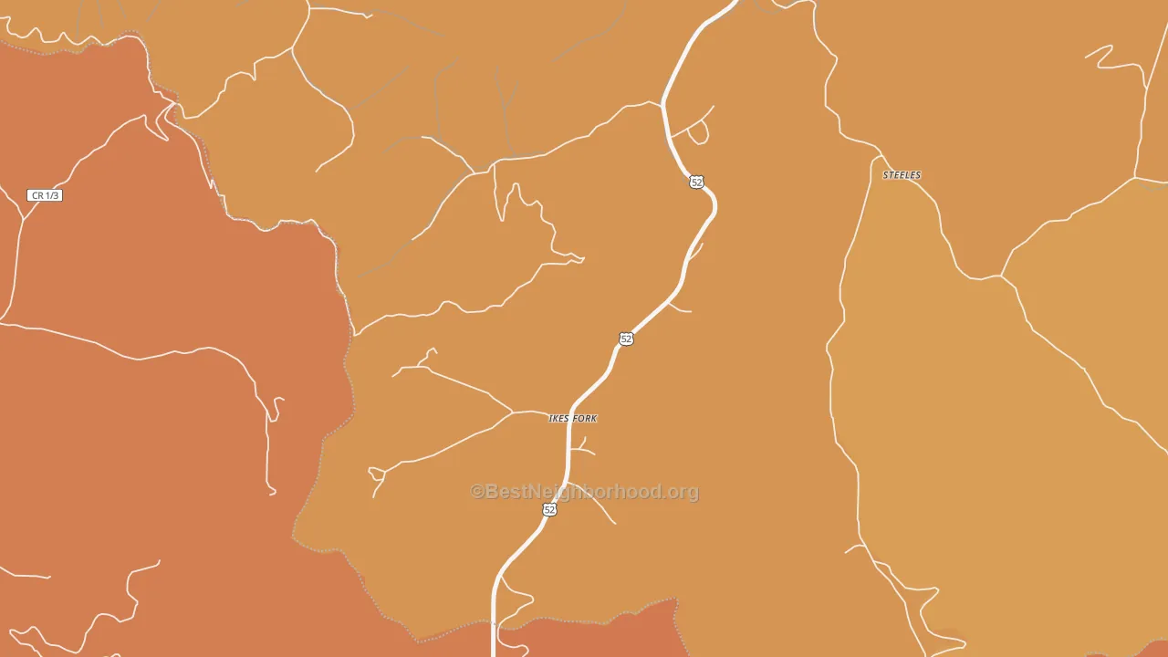 Map of the best neighborhoods in the Ikes Fork area, with better matches in green and worse matches in red
