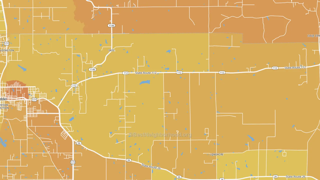 Map of the best neighborhoods in the Ikes area, with better matches in green and worse matches in red