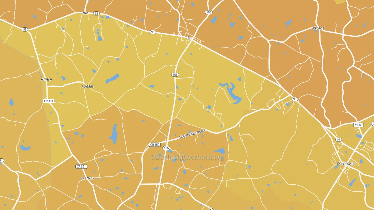 Map of the best neighborhoods in the Ila area, with better matches in green and worse matches in red