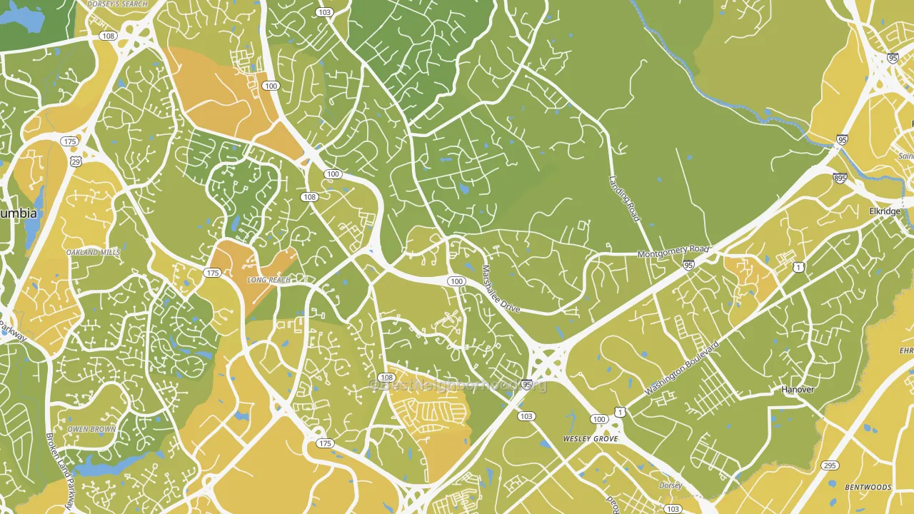 Map of the best neighborhoods in the Ilchester area, with better matches in green and worse matches in red