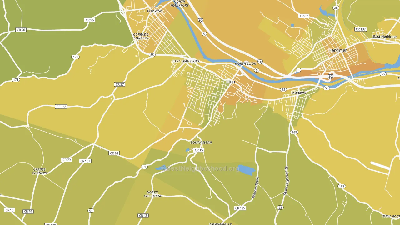 Map of the best neighborhoods in the Ilion area, with better matches in green and worse matches in red