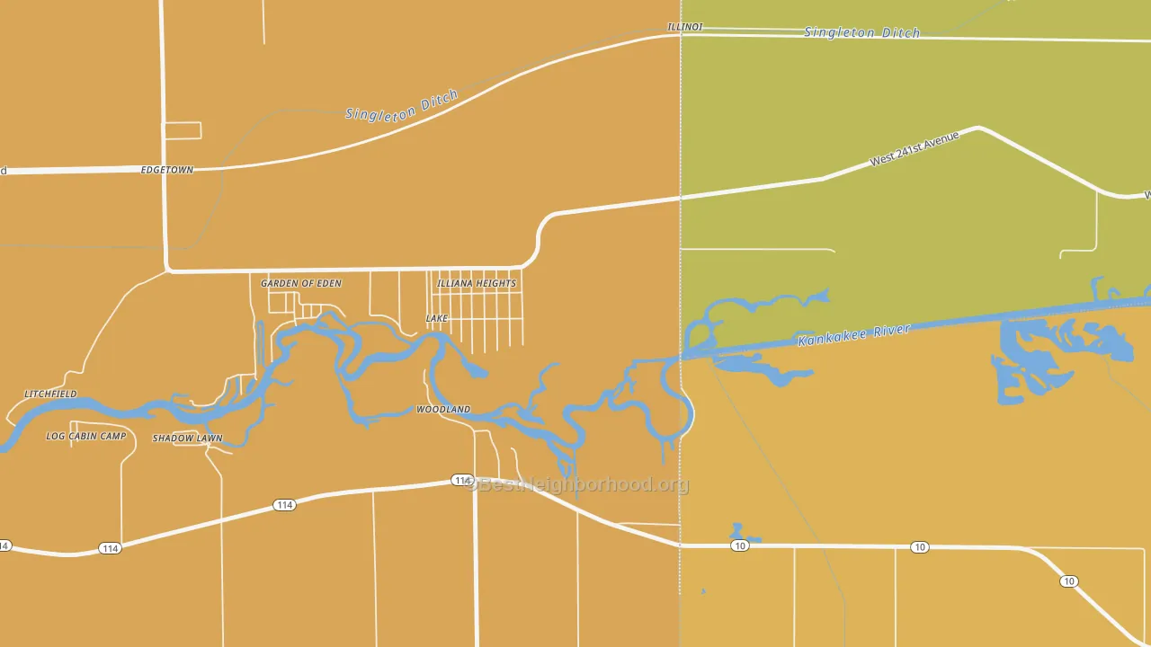 Map of the best neighborhoods in the Illiana Heights area, with better matches in green and worse matches in red
