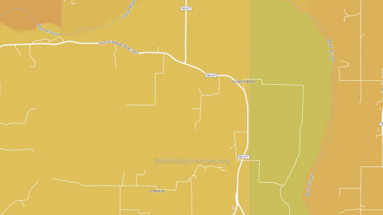 Map of the best neighborhoods in the Illinois Bend area, with better matches in green and worse matches in red