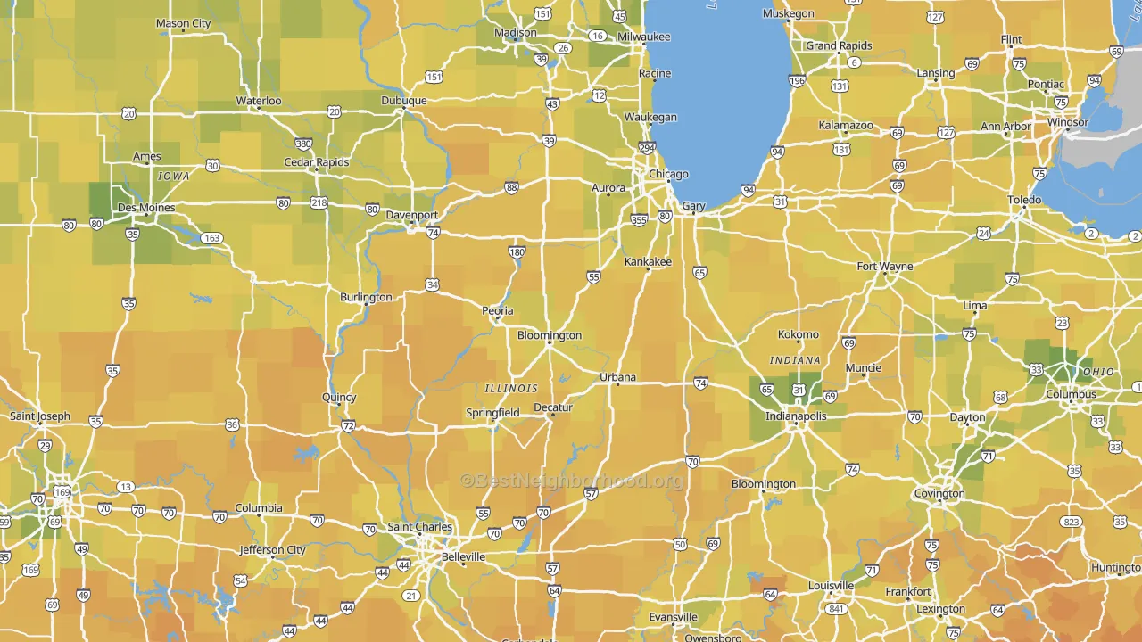 Map of the best neighborhoods in the Illinois area, with better matches in green and worse matches in red