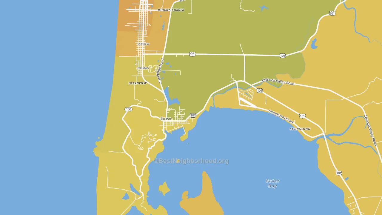 Map of the best neighborhoods in the Ilwaco area, with better matches in green and worse matches in red
