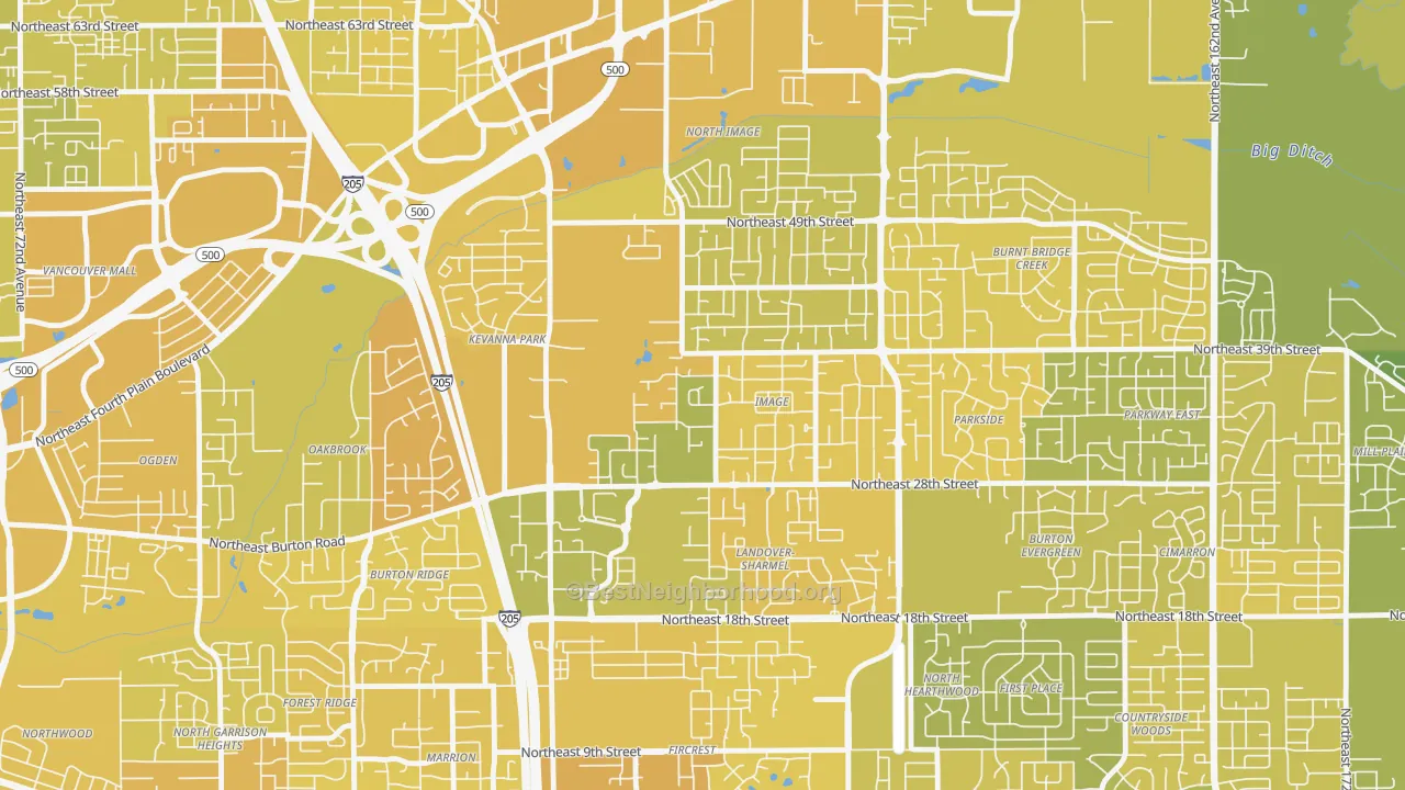 Map of the best neighborhoods in the Image, Vancouver area, with better matches in green and worse matches in red