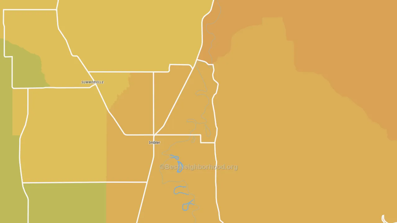 Map of the best neighborhoods in the Imbler area, with better matches in green and worse matches in red