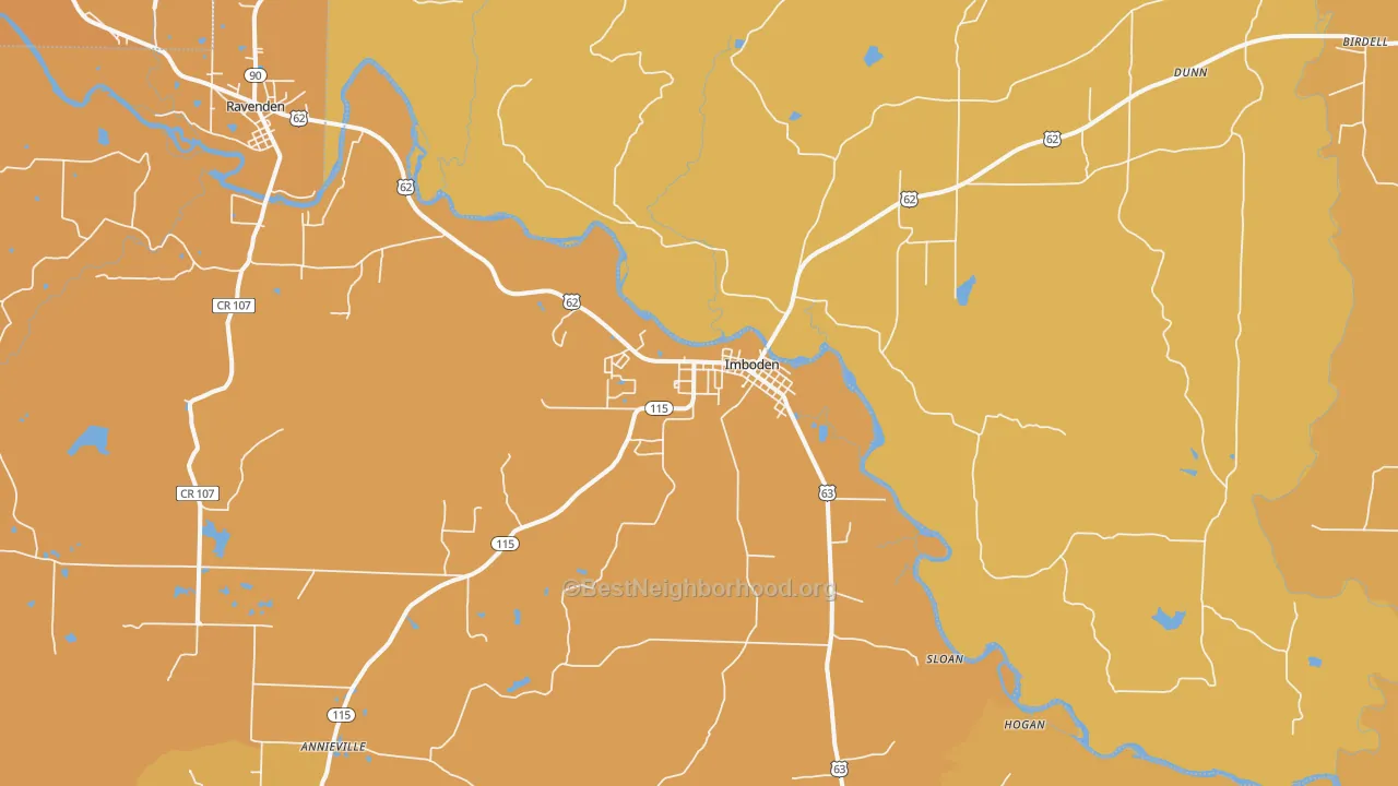 Map of the best neighborhoods in the Imboden area, with better matches in green and worse matches in red