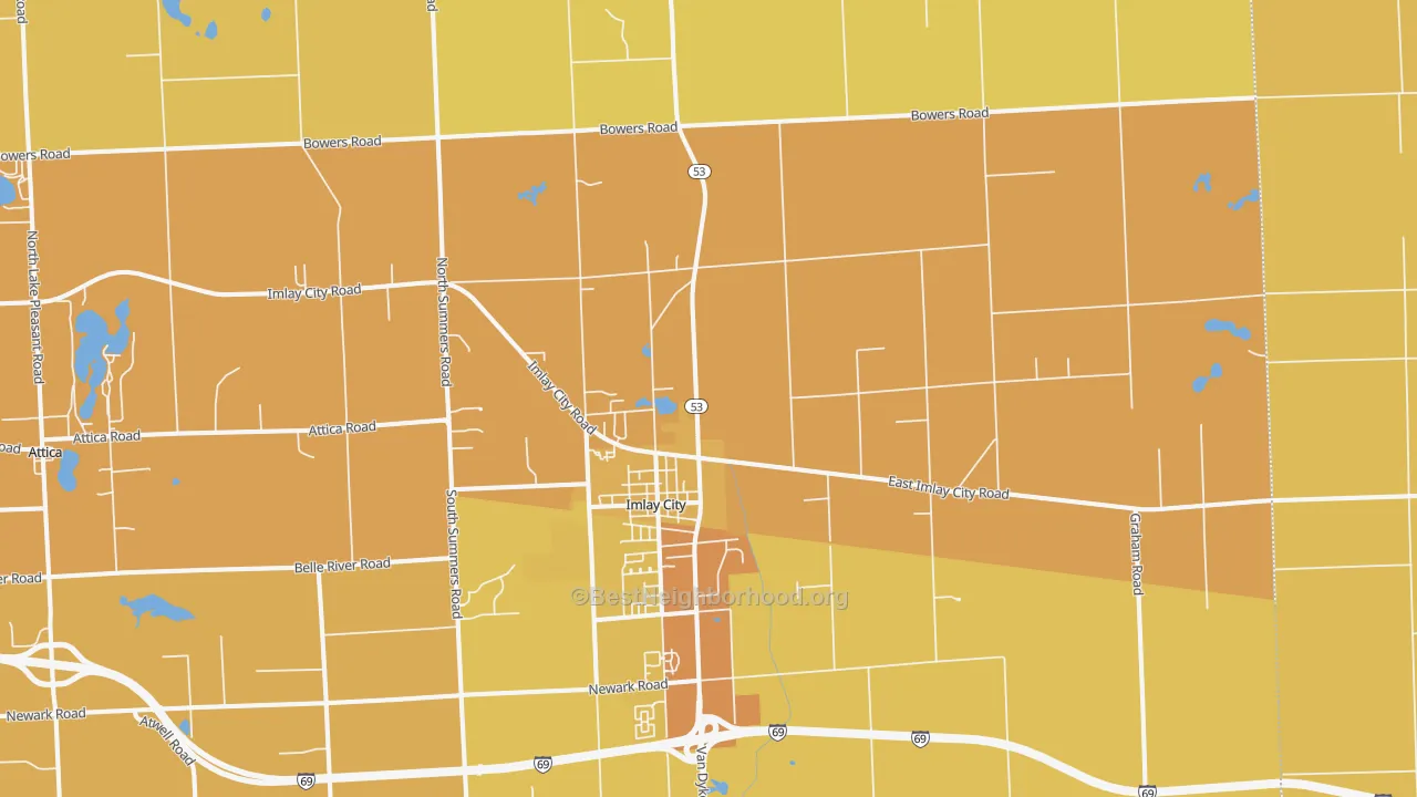 Map of the best neighborhoods in the Imlay City area, with better matches in green and worse matches in red