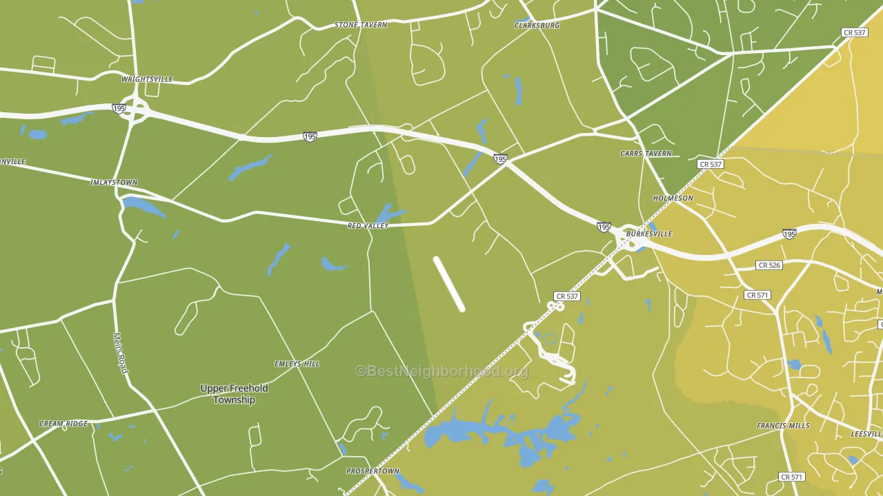 Map of the best neighborhoods in the Imlaystown area, with better matches in green and worse matches in red