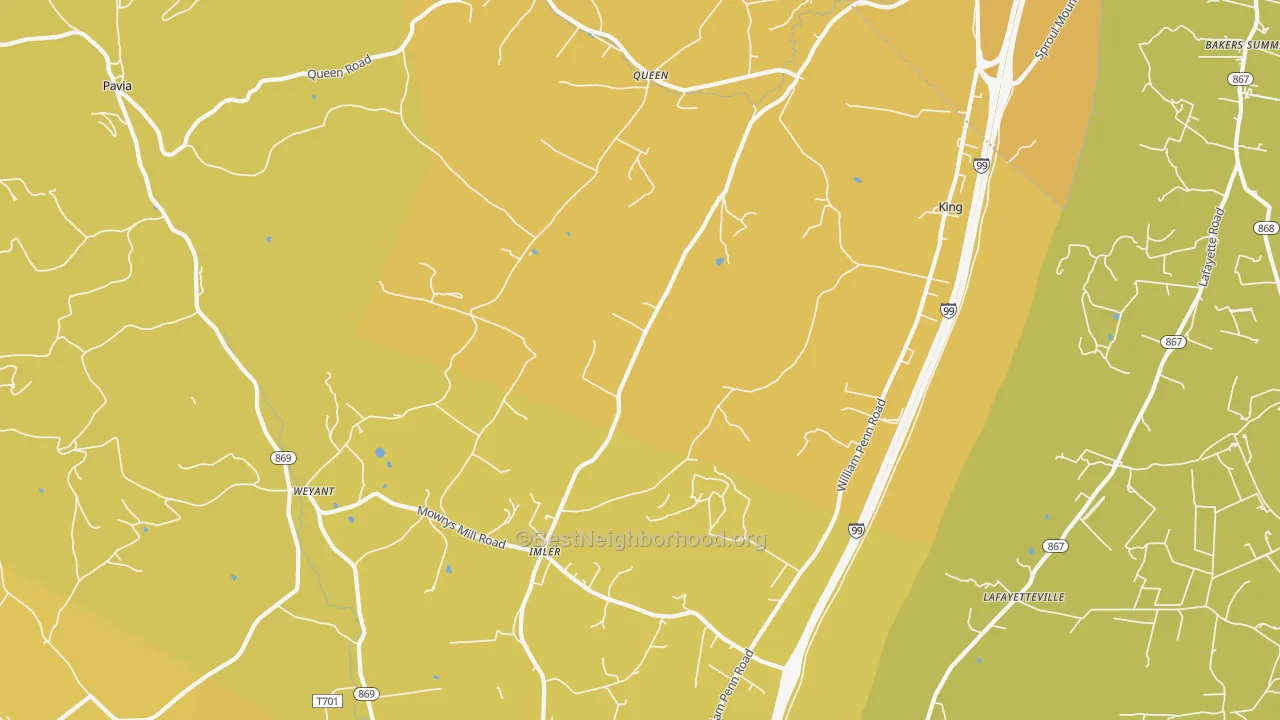 Map of the best neighborhoods in the Imler area, with better matches in green and worse matches in red