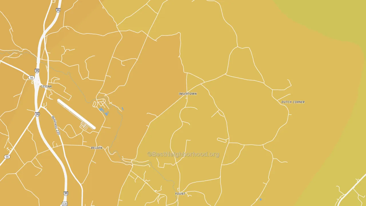 Map of the best neighborhoods in the Imlertown area, with better matches in green and worse matches in red