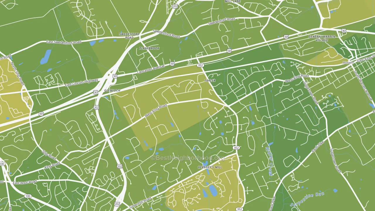 Map of the best neighborhoods in the Immaculata area, with better matches in green and worse matches in red
