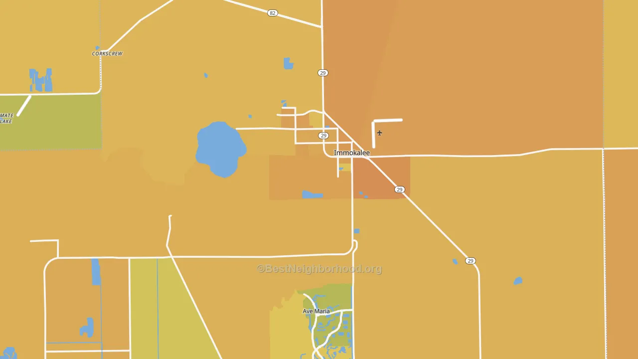 Map of the best neighborhoods in the Immokalee area, with better matches in green and worse matches in red